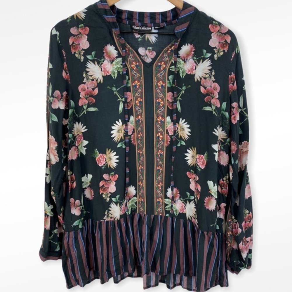 Tolani Multicolor Floral Stripe Flowy Blouse